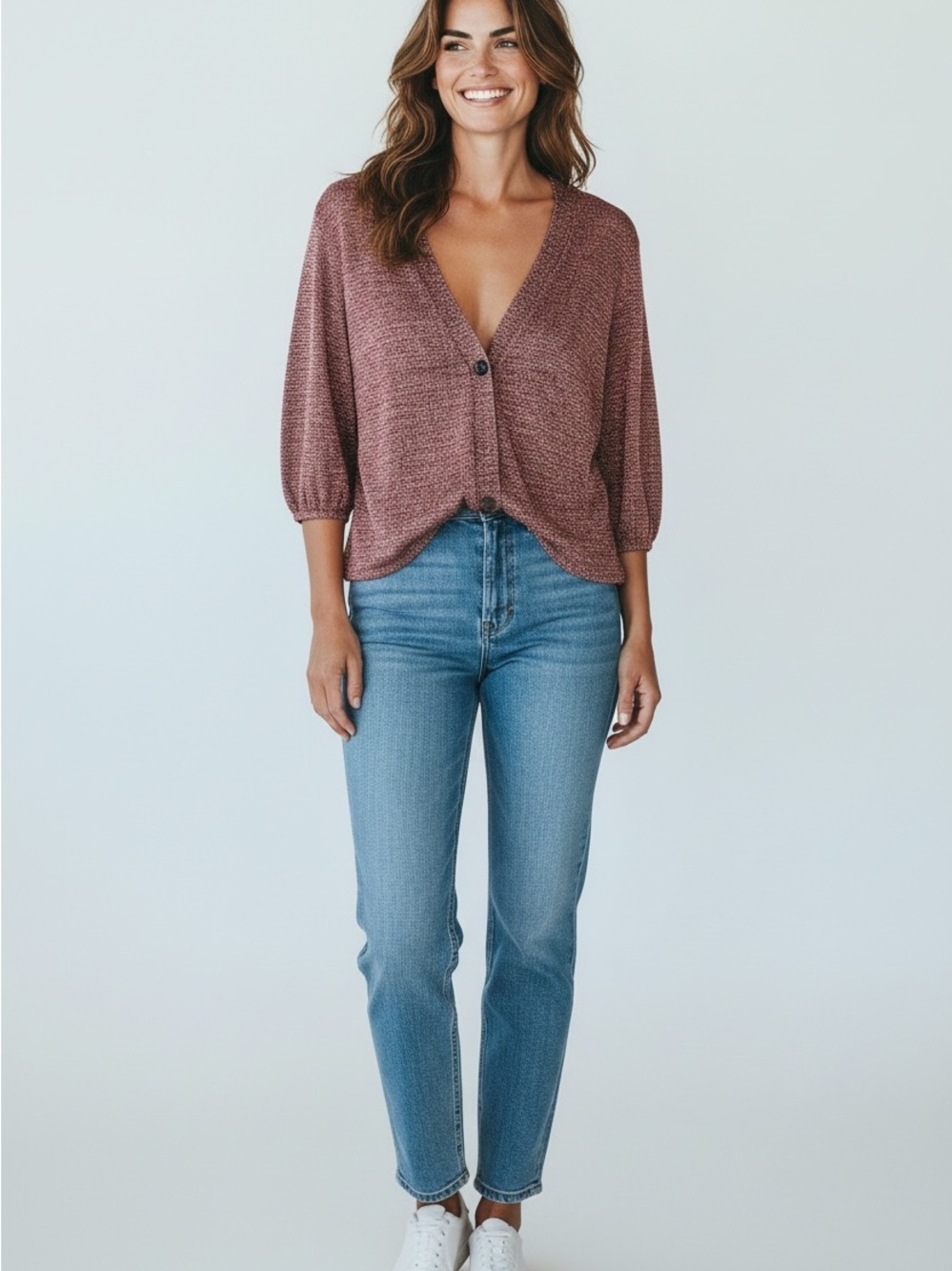 Jones New York Rose-Mauve V-Neck Knit Cardigan